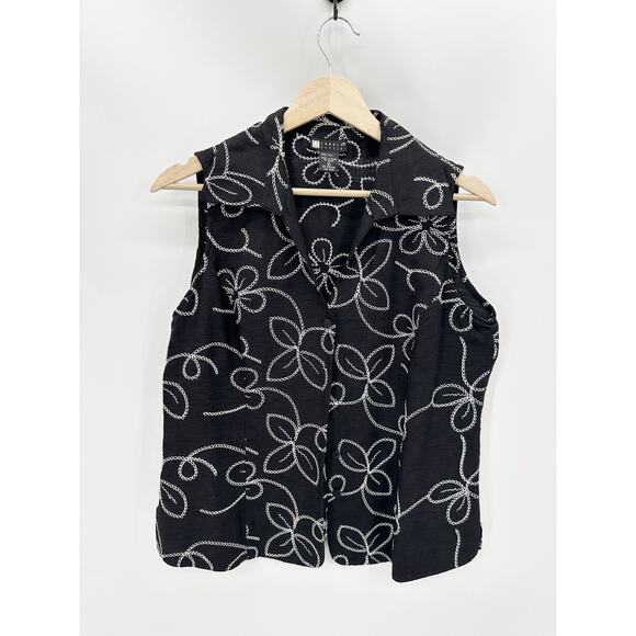 Carole Little Vest Women MEDIUM Black Floral Embroidered Button Down 100% Silk - Picture 1 of 7